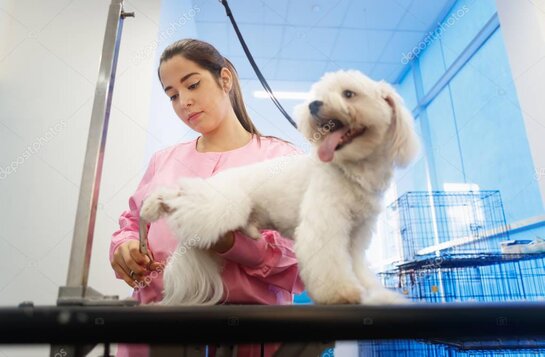 Cane in toelettatura in un negozio per animali a Cerrina Monferrato