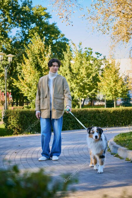 Cane al guinzaglio che passeggia con il proprietario all’aperto